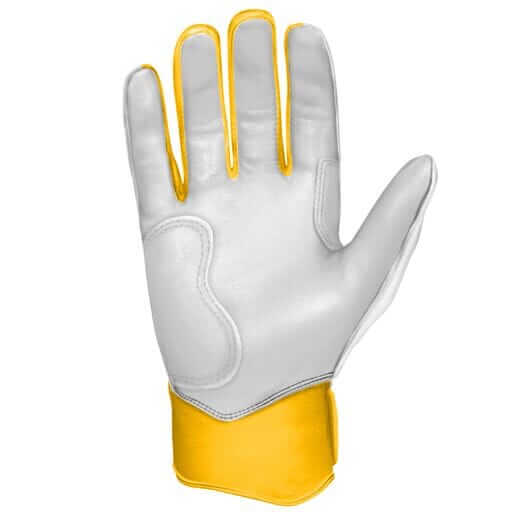 Bruce Bolt Premium Pro Chrome Short Cuff Batting Gloves in yellow, showcasing double reinforced palm for durability.