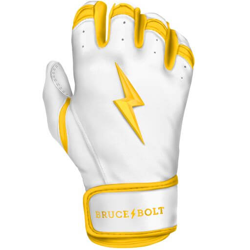Bruce Bolt Premium Pro Chrome Short Cuff Batting Gloves in yellow, designed for comfort and durability in baseball.