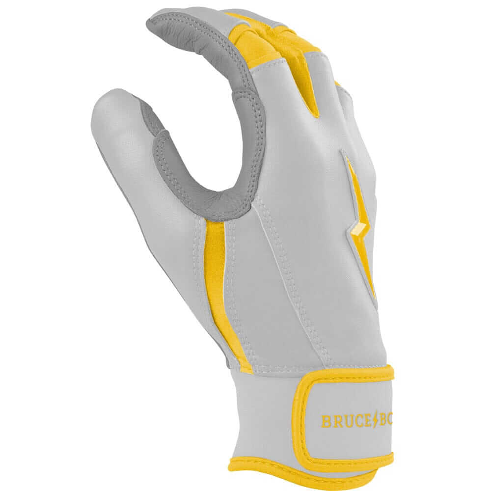 Side angle view of Bruce Bolt Youth Premium Pro Chrome Short Cuff Batting Gloves Yellow.