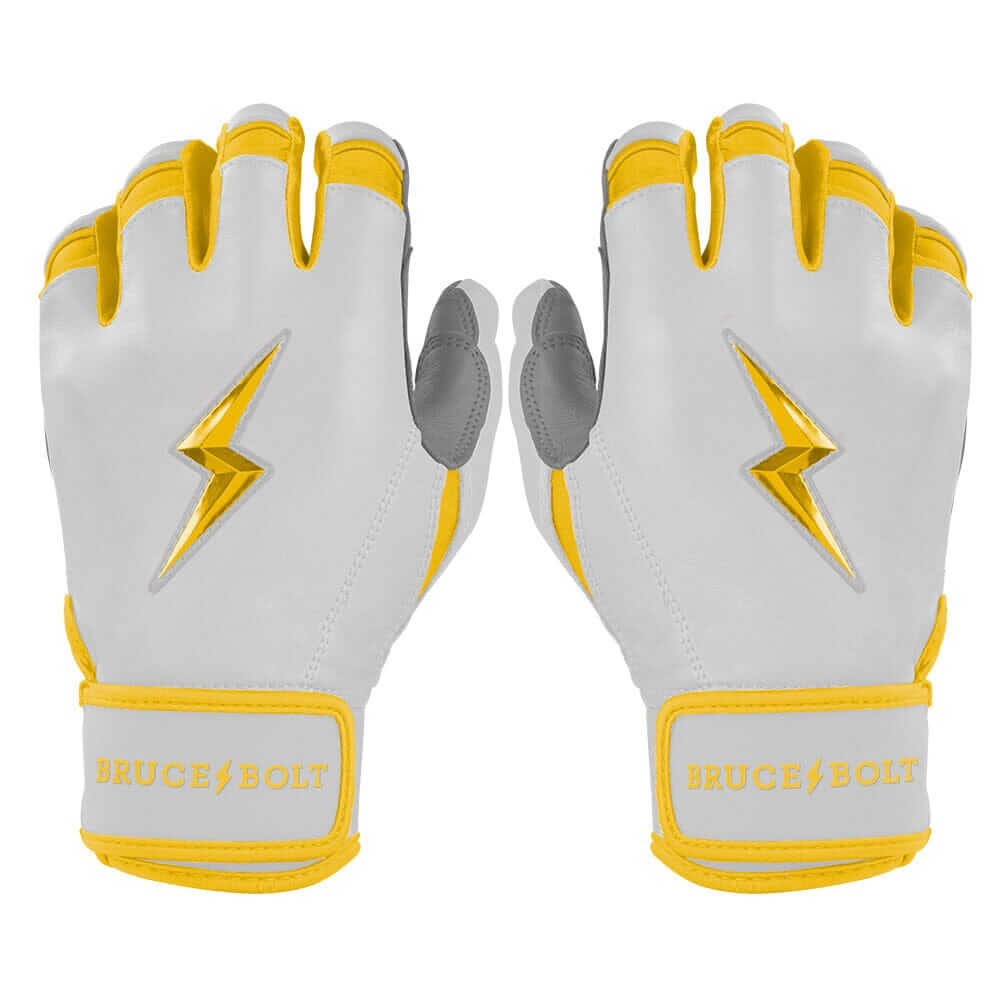 Main image of Bruce Bolt Youth Premium Pro Chrome Short Cuff Batting Gloves Yellow on both hands