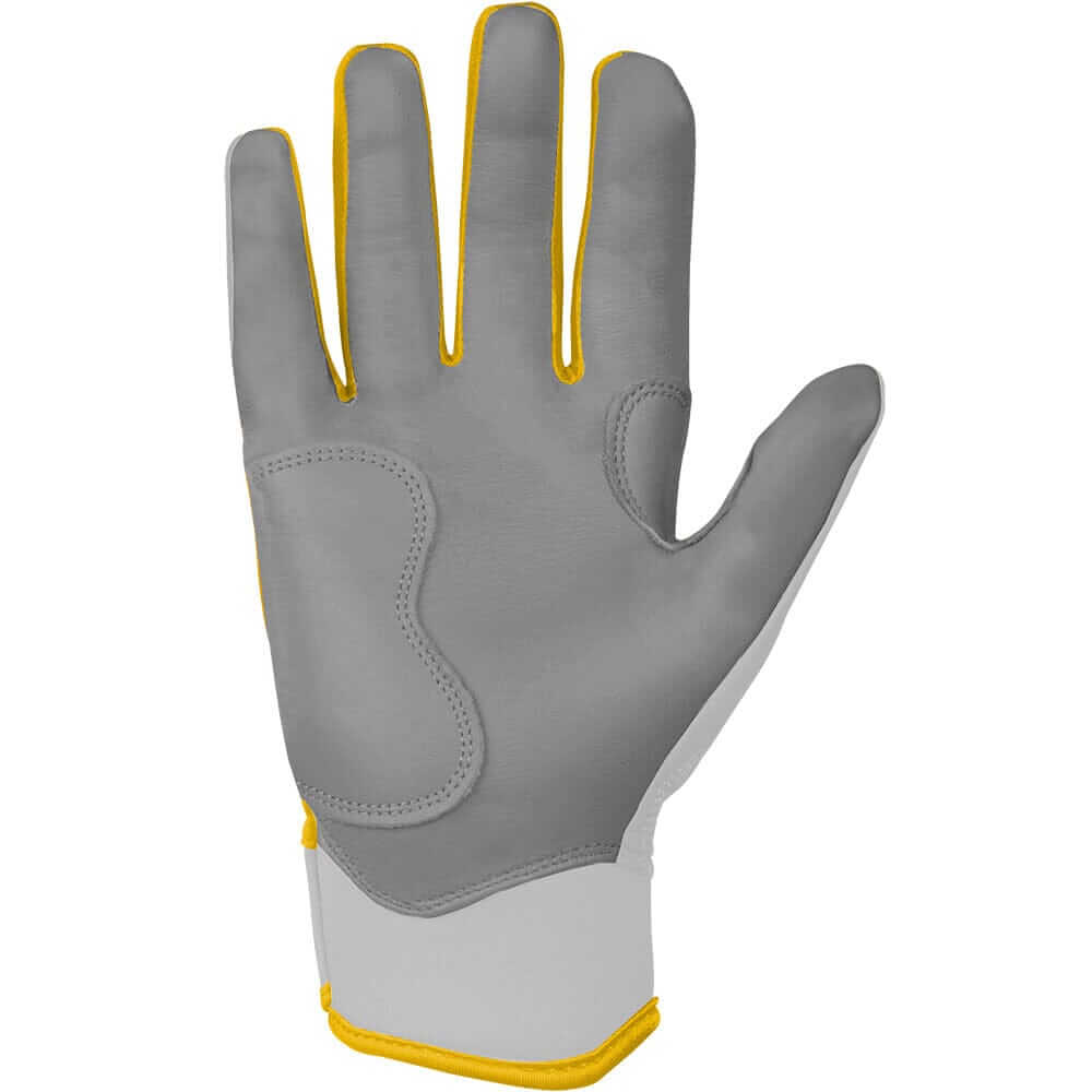 Palm view of the right hand wearing Bruce Bolt Youth Premium Pro Chrome Short Cuff Batting Glove Yellow.