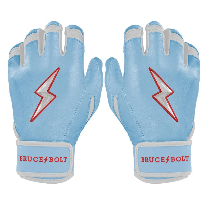Bruce Bolt Ian Happ Signature Short Cuff Youth Batting Gloves - Baby Blue, premium leather baseball gloves with lightning bolt logo.