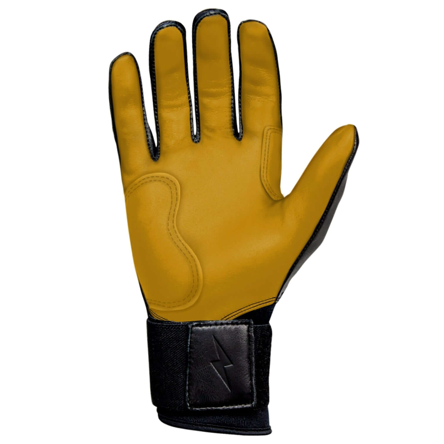Bruce Bolt Youth Premium Pro Long Cuff Batting Glove in black and yellow, featuring durable Cabretta leather and long cuff design.