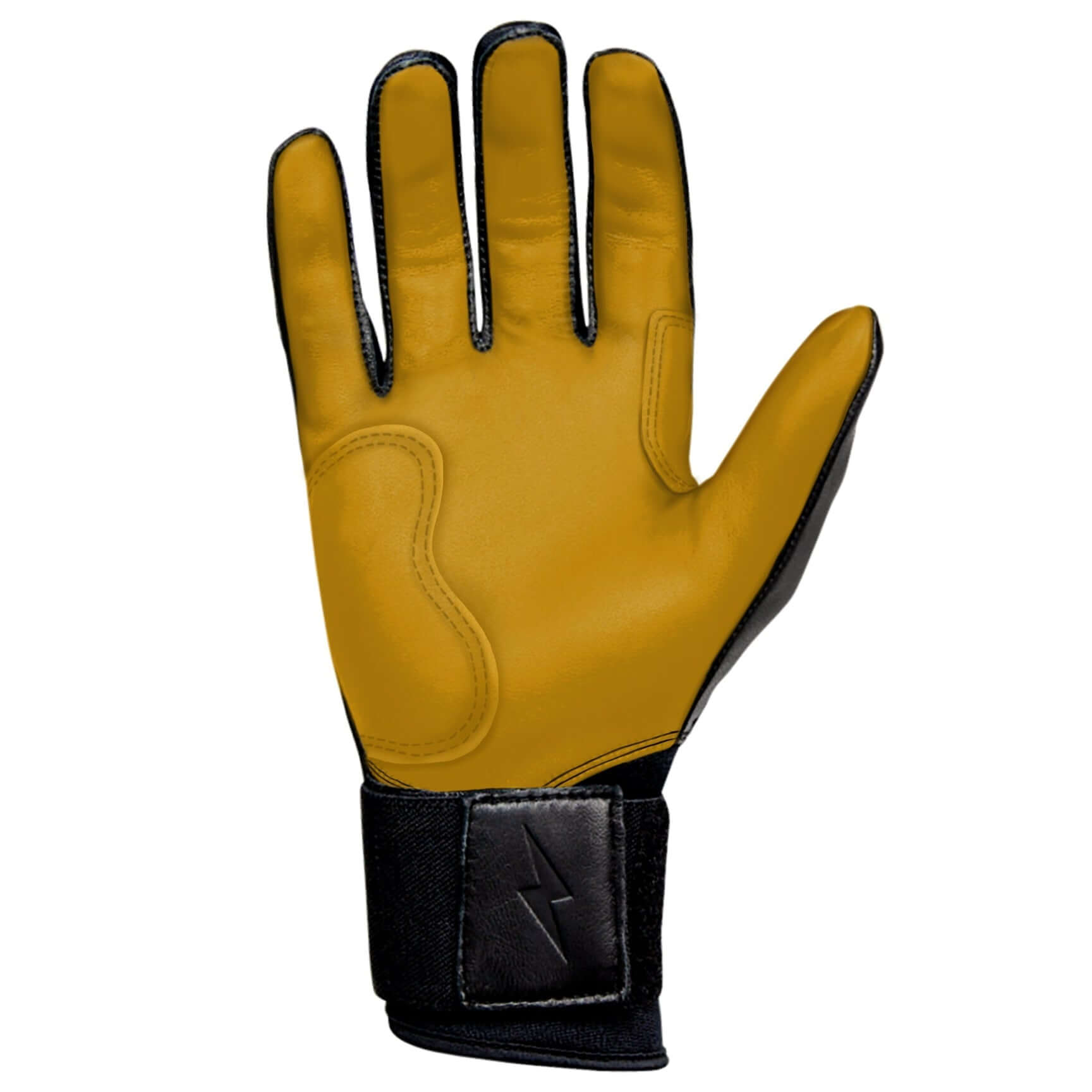 Bruce Bolt Premium Pro Long Cuff Batting Glove in yellow, featuring soft Cabretta leather and reinforced palm for durability.