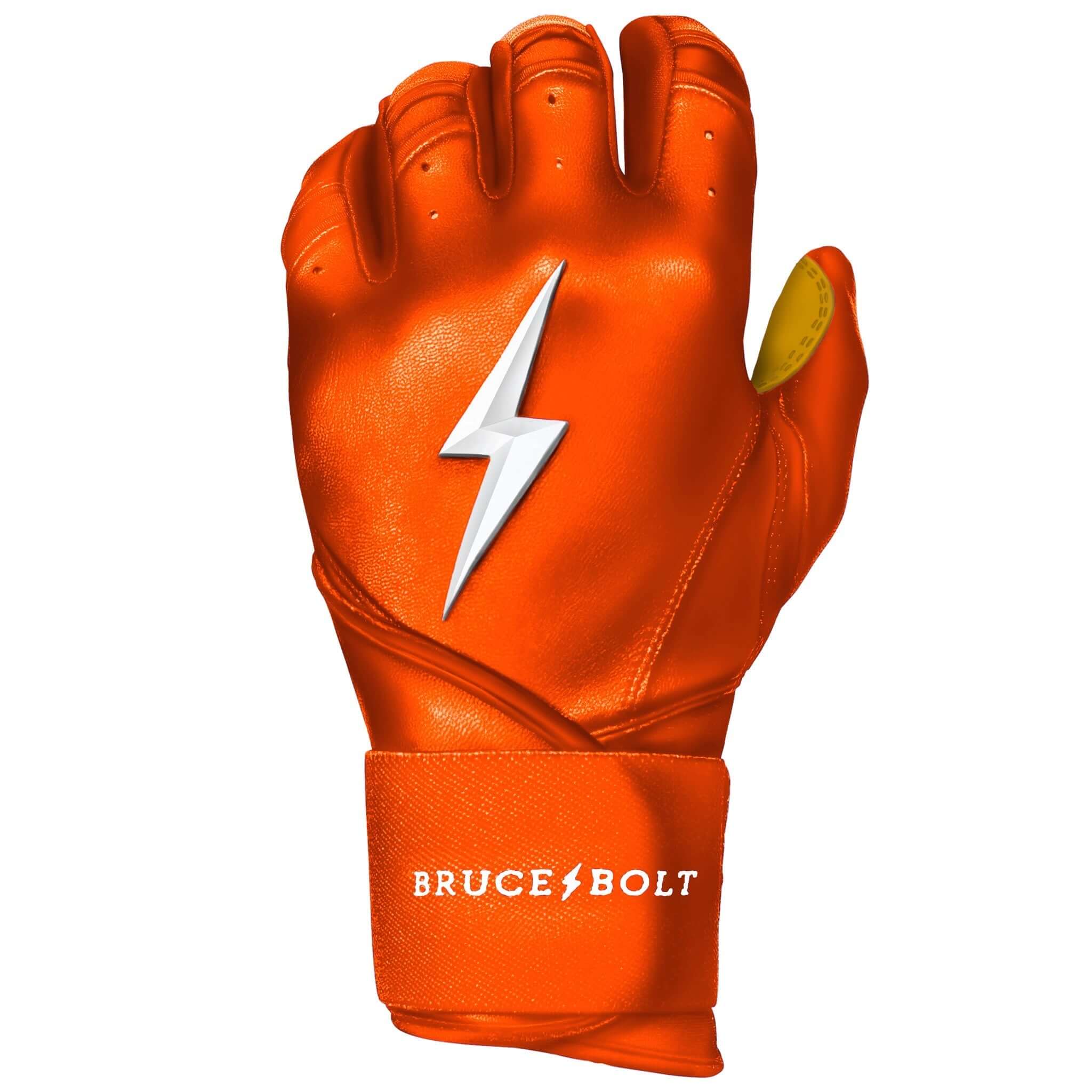 Bruce Bolt Youth Premium Pro Short Cuff Batting Gloves in bright orange with lightning bolt logo and reinforced palm.