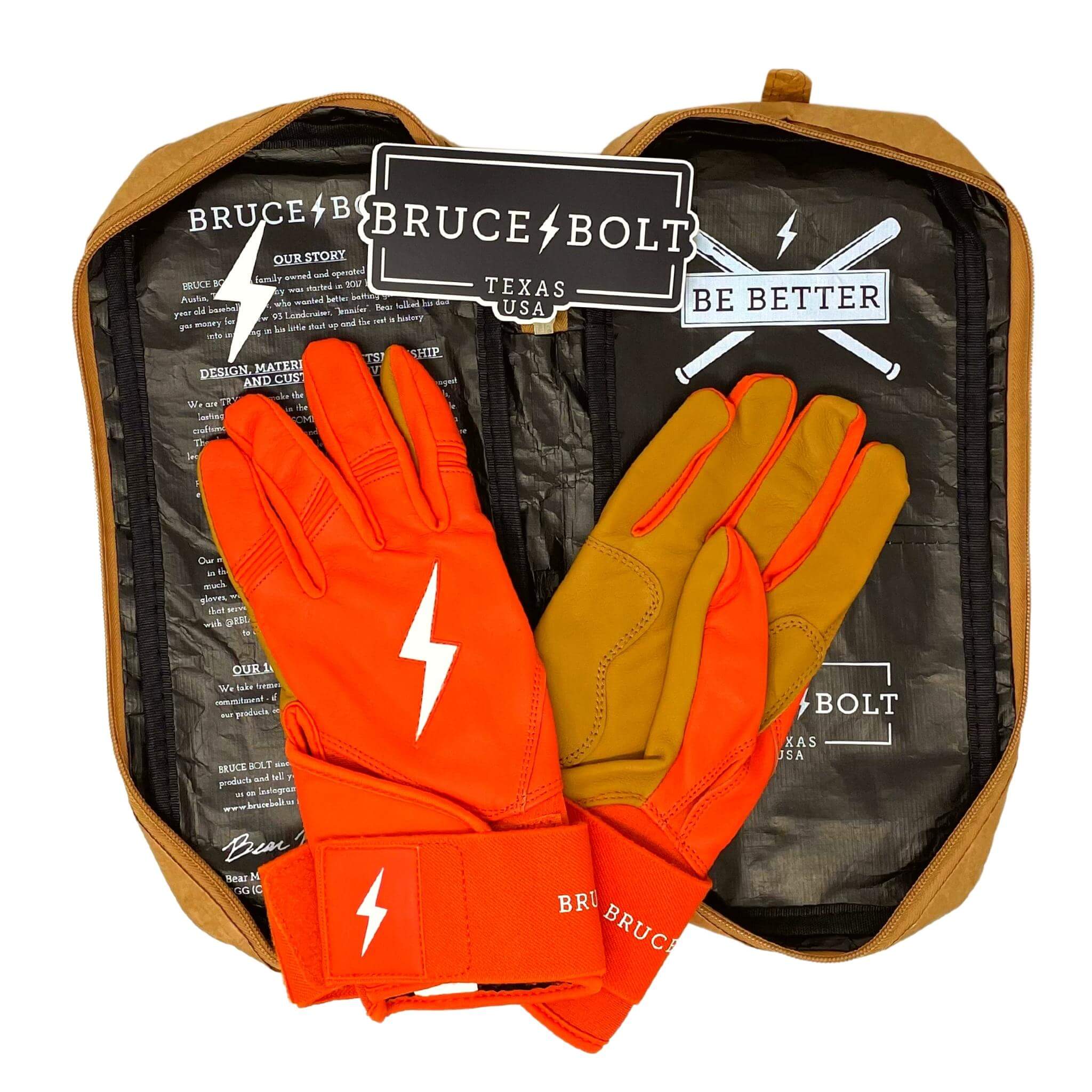 Bruce Bolt Youth Premium Pro Short Cuff Batting Gloves in orange, featuring a light gold palm and durable construction, packaged in a brown case.
