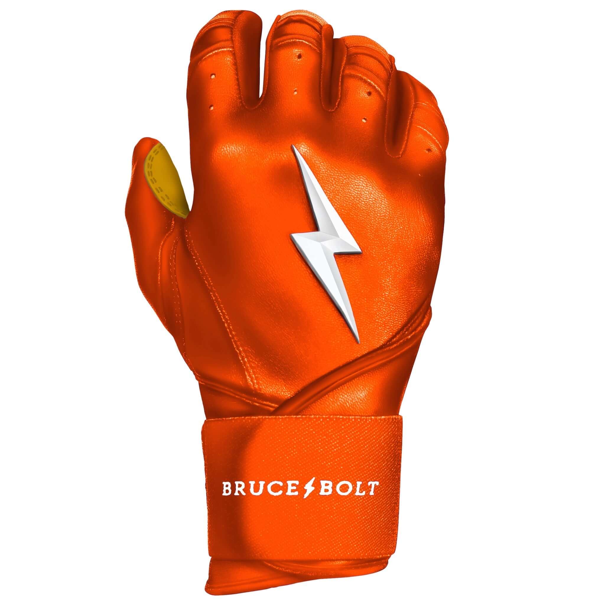 Bruce Bolt Youth Premium Pro orange short cuff batting gloves with lightning bolt logo and high-quality cabretta leather.