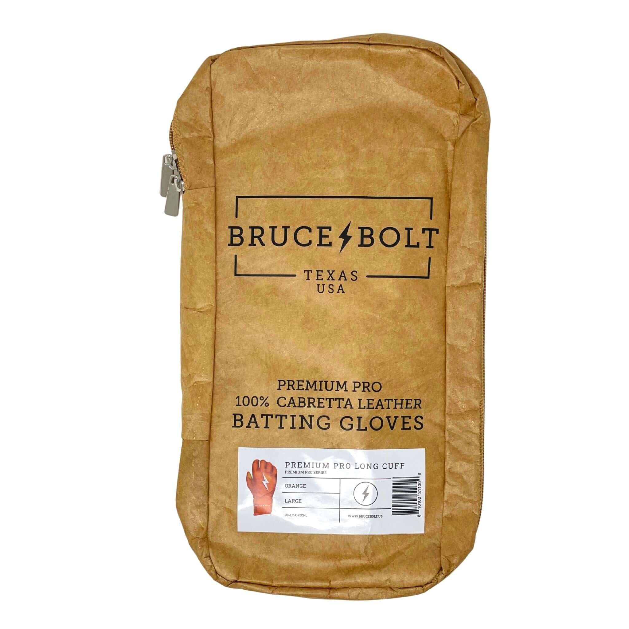 Bruce Bolt Premium Pro Cabretta Leather Batting Gloves packaging, showcasing brand logo and product details.