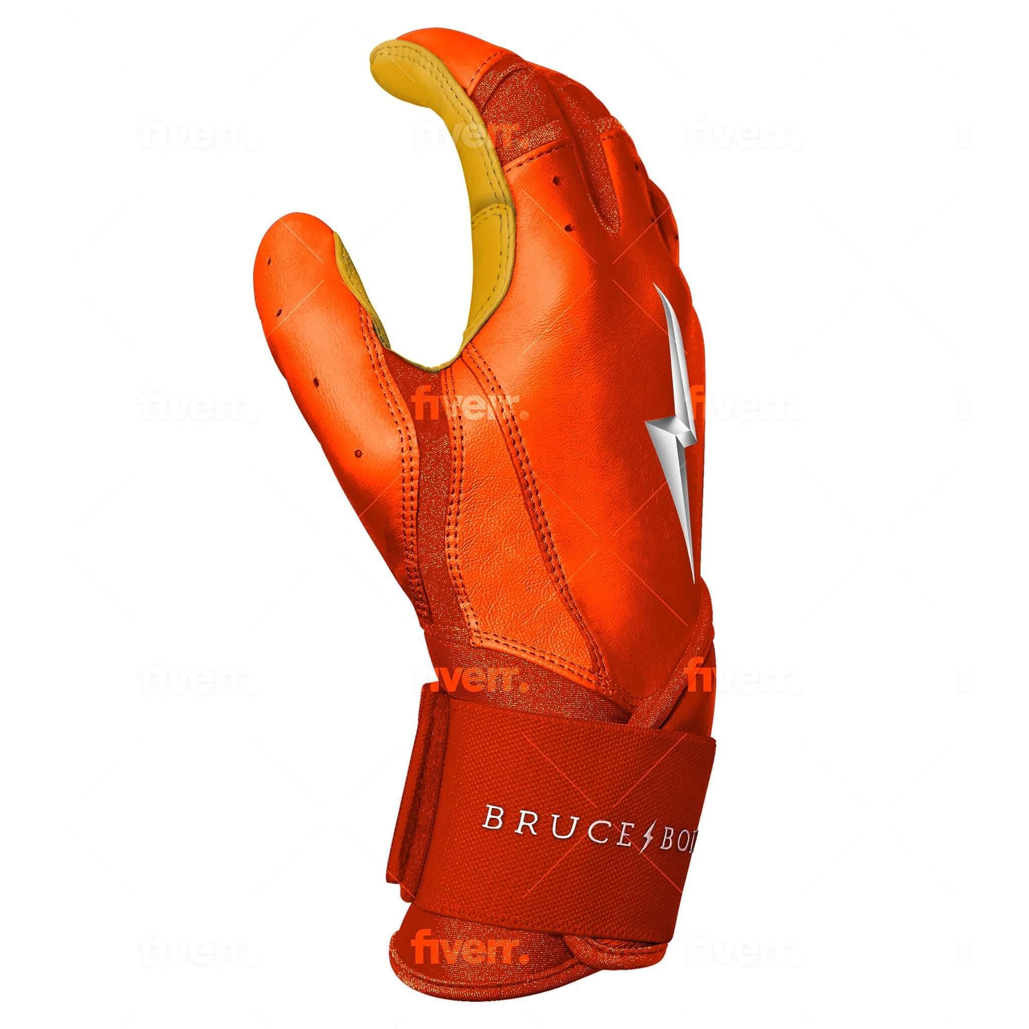 Bruce Bolt Youth Premium Pro Short Cuff Batting Gloves in orange, showcasing high-quality Cabretta leather and superior craftsmanship.