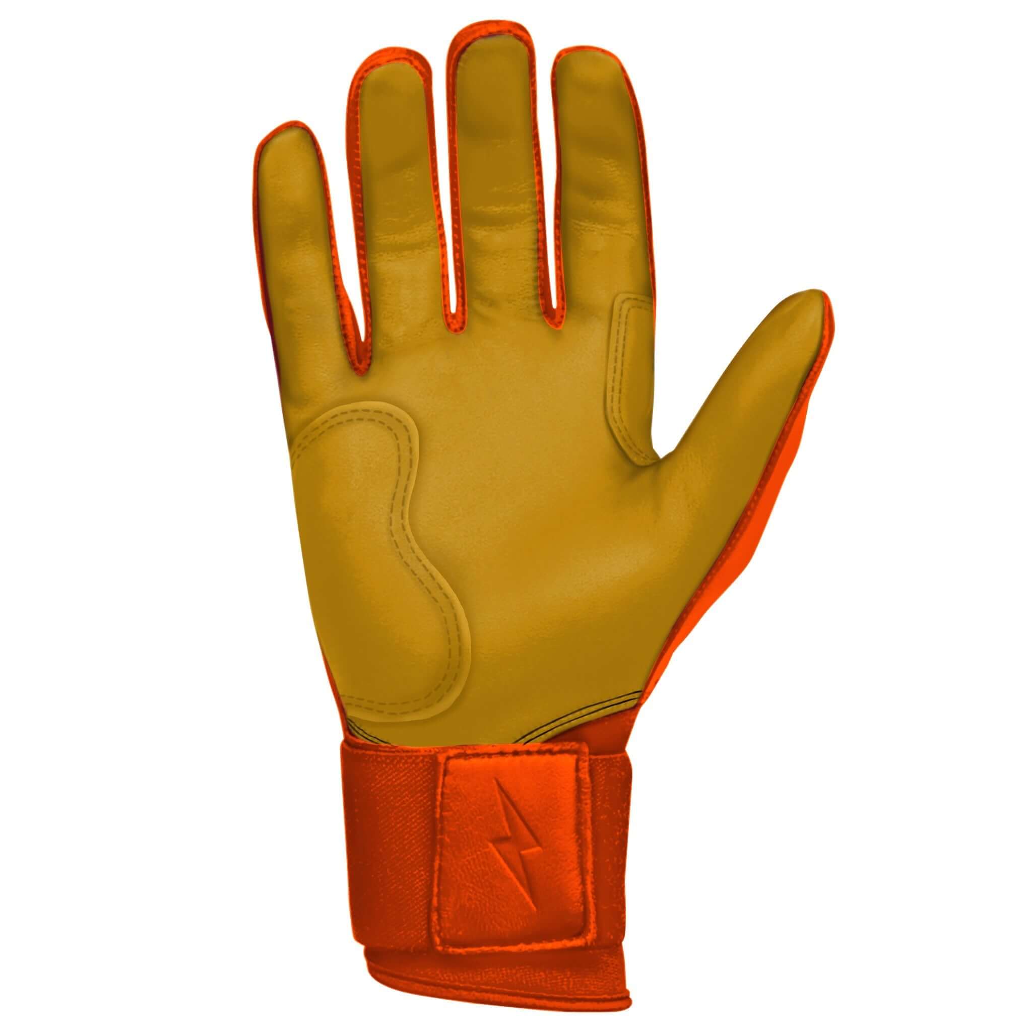 Bruce Bolt Youth Premium Pro Short Cuff Batting Gloves in orange and gold, crafted from soft cabretta leather for superior fit.