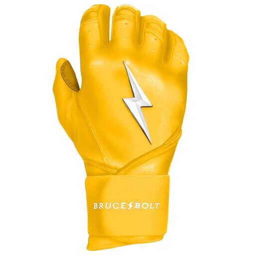 Bruce Bolt Premium Pro Long Cuff Batting Gloves in yellow with a lightning bolt logo, crafted from durable Cabretta leather.