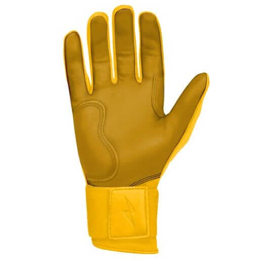 Bruce Bolt Premium Pro long cuff batting glove in yellow, made from durable Cabretta leather for optimal performance.