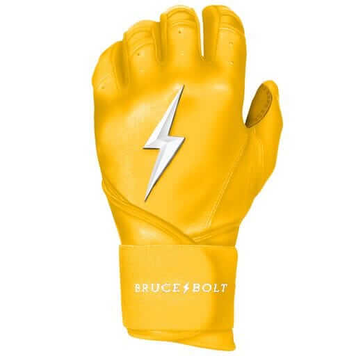 BRUCE BOLT Premium Pro Long Cuff Batting Gloves in Yellow featuring a lightning bolt design, crafted from durable Cabretta leather.