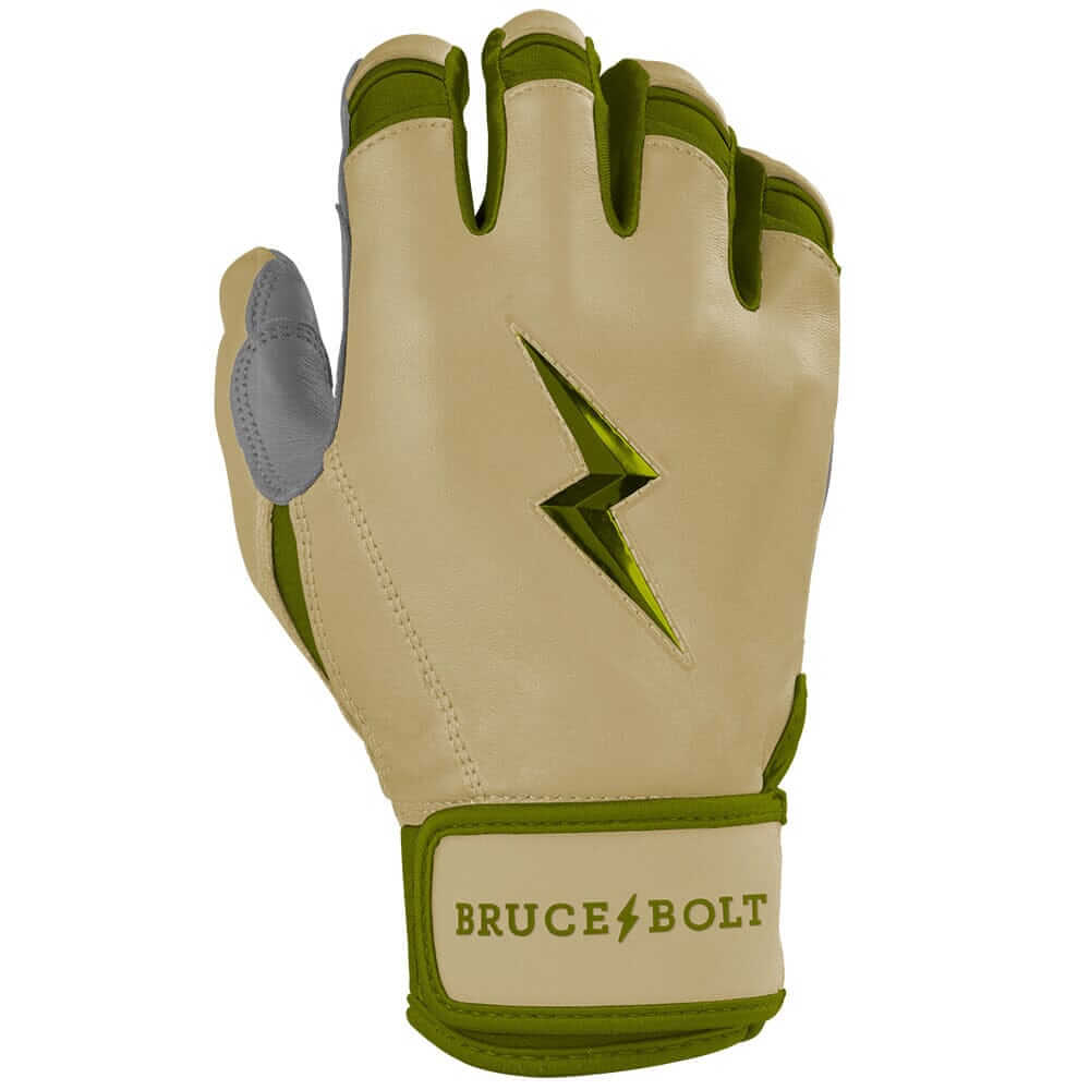 Bruce Bolt Youth Military Short Cuff Batting Gloves back view with reinforced wrist strap and military styling.