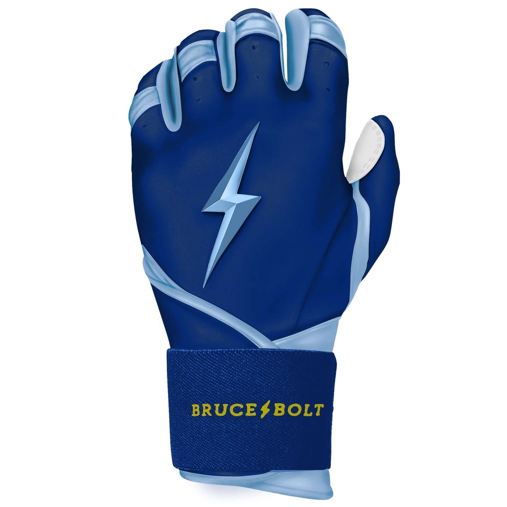 Bruce Bolt Premium Pro Phillips Series long cuff batting glove in navy and light blue with yellow logo.