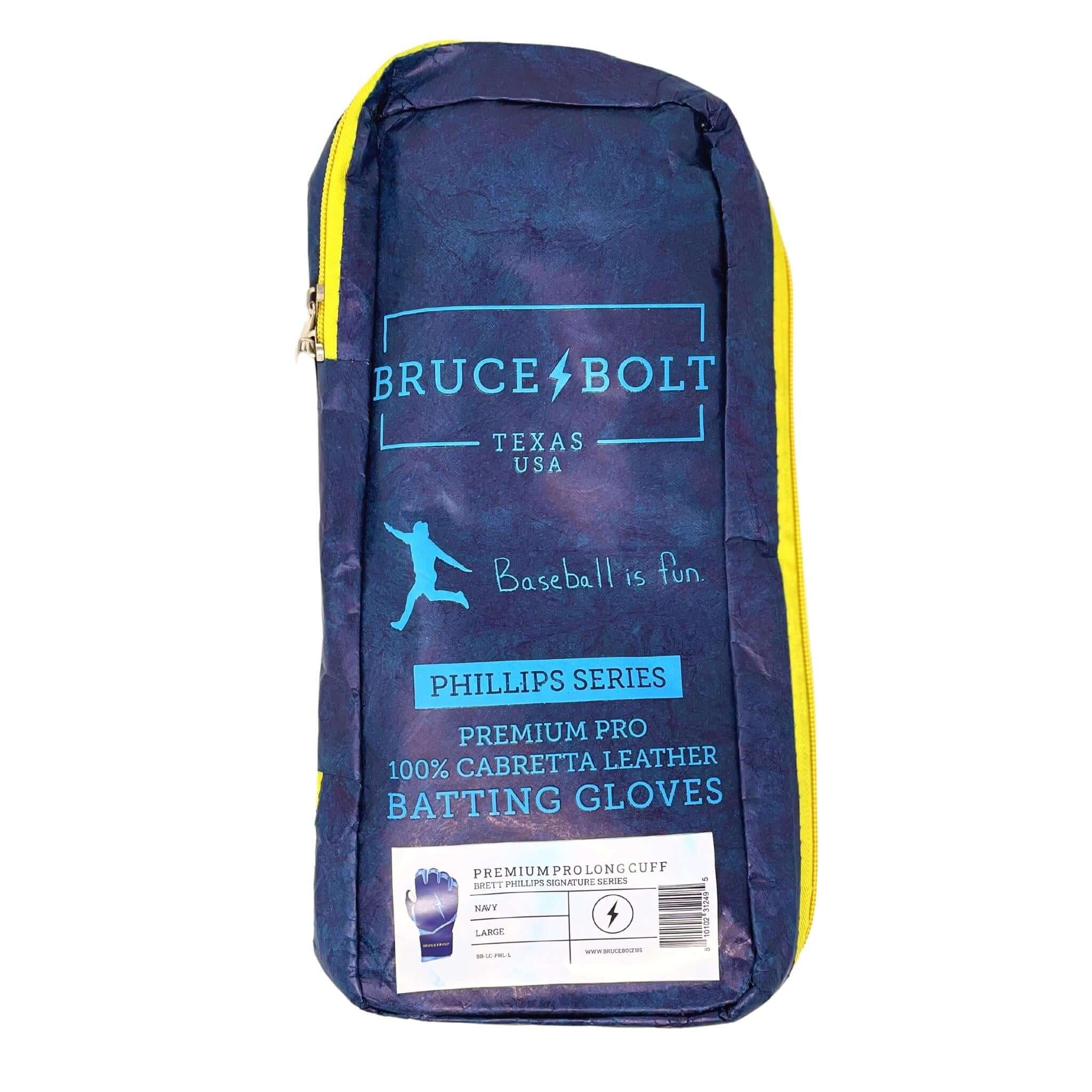 Bruce Bolt Premium Pro Phillips Series long cuff batting gloves packaging, featuring navy and yellow design, crafted from 100% Cabretta leather.