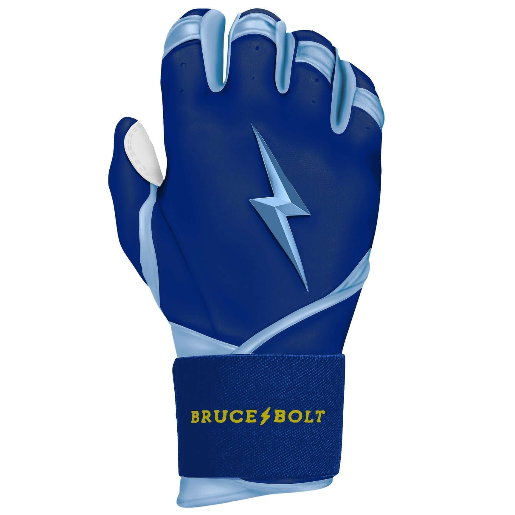 Bruce Bolt Premium Pro Phillips Series Long Cuff Batting Gloves in navy and light blue with a translucent design.