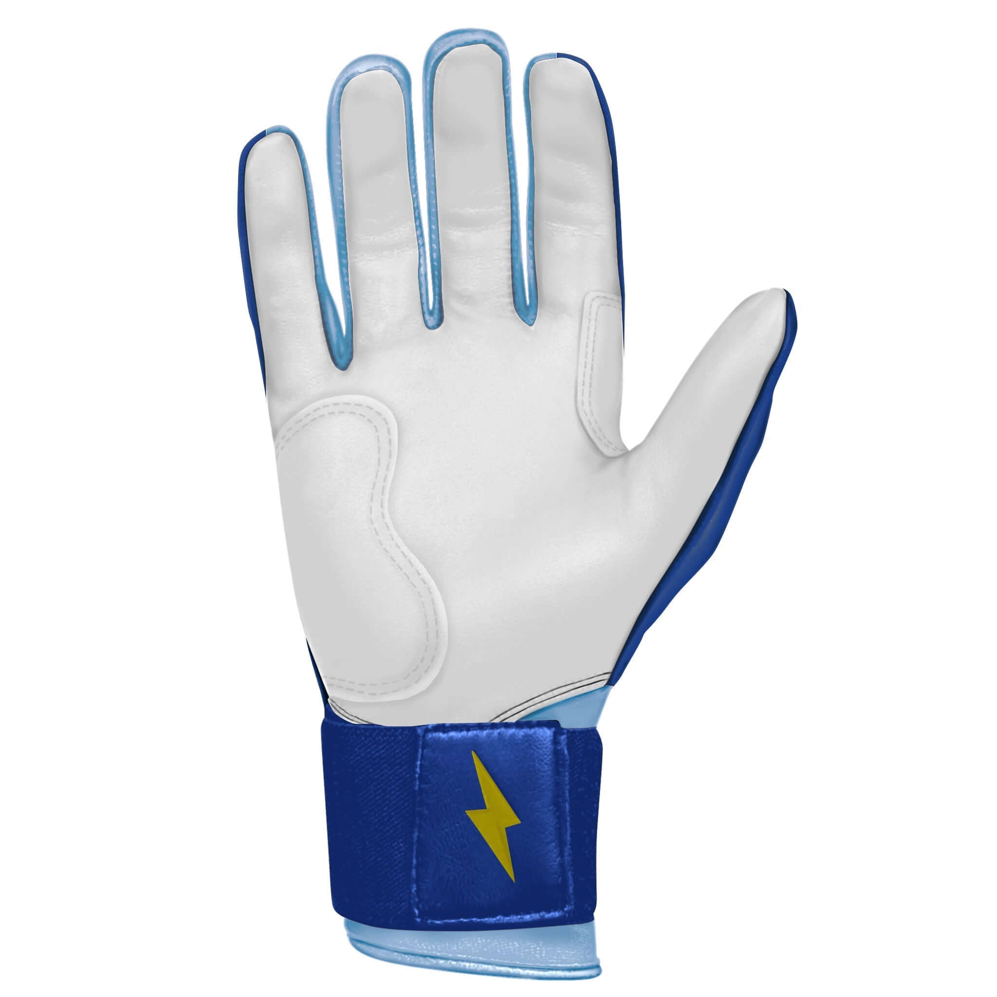 Bruce Bolt Premium Pro Phillips Series Long Cuff Batting Gloves in navy, light blue, and yellow with a reinforced palm.