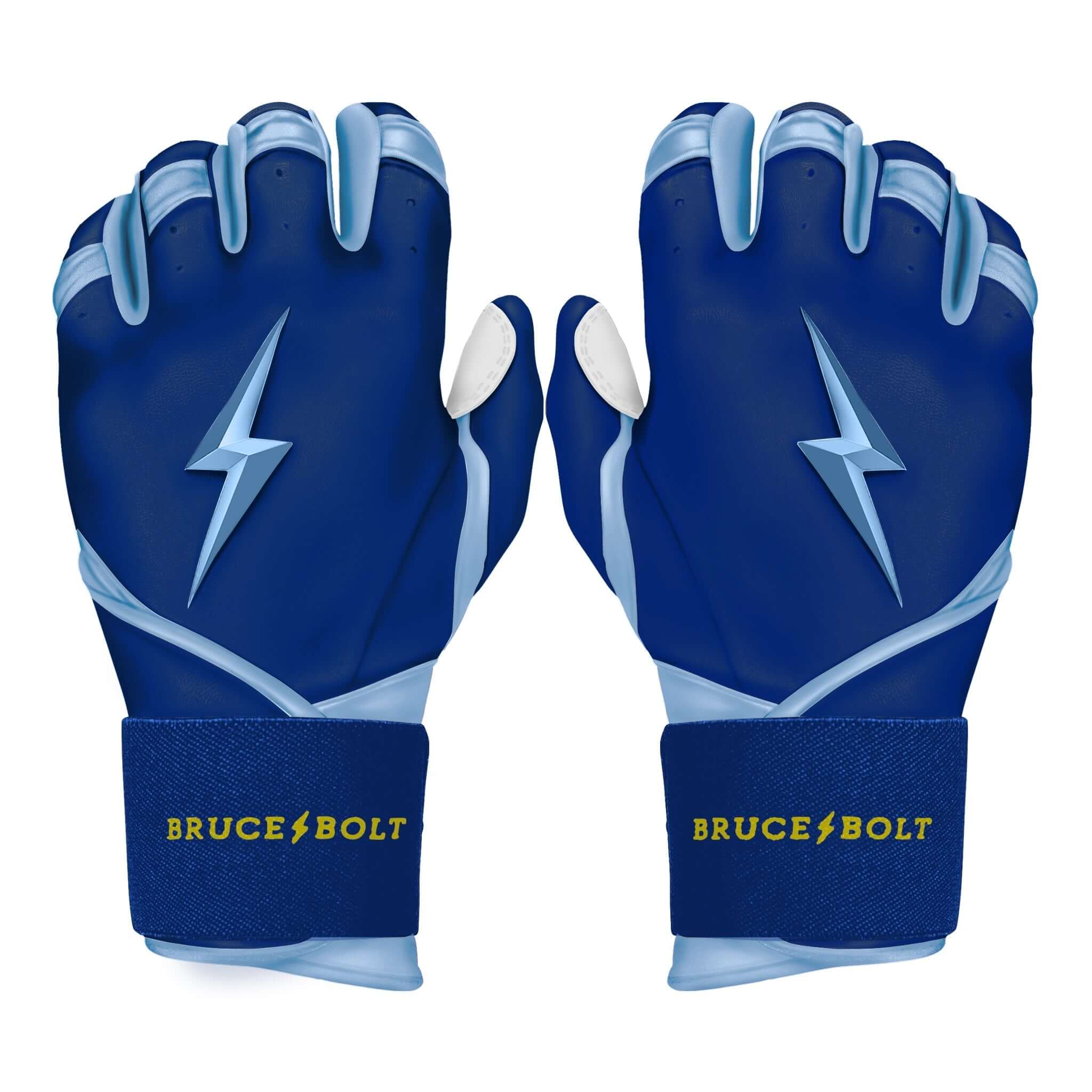Bruce Bolt Premium Pro Phillips Series long cuff batting gloves in navy and light blue with bolt design.