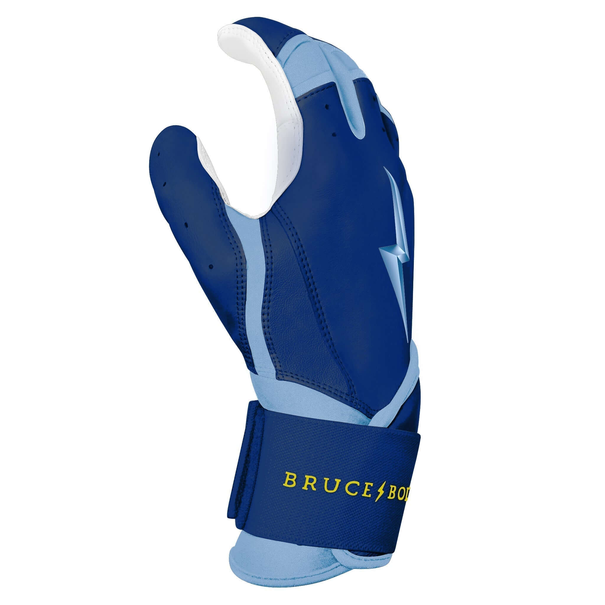 Bruce Bolt Premium Pro Phillips Series Long Cuff Batting Gloves in navy and light blue with yellow logo and reinforced palm.