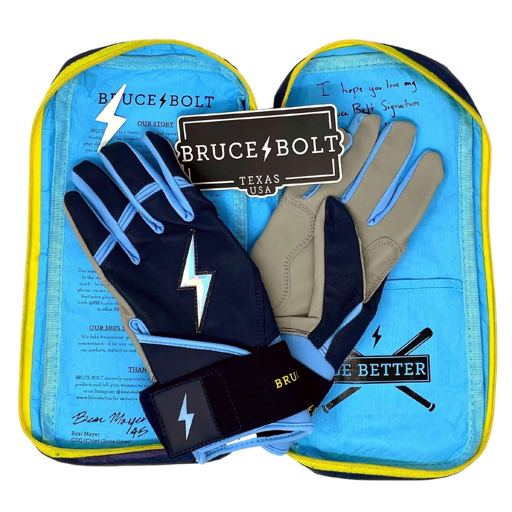 Bruce Bolt Premium Pro Phillips Series long cuff batting gloves in blue and navy packaging with signature and logo.