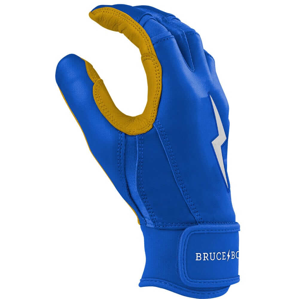 Bruce Bolt Premium Pro Short Cuff Batting Gloves Royal backhand view with logo and wrist closure.