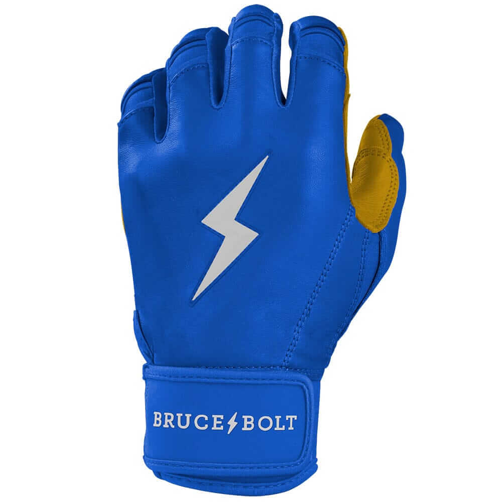 Bruce Bolt Premium Pro Short Cuff Batting Gloves Royal, backhand view, blue with yellow accents and brand logo.