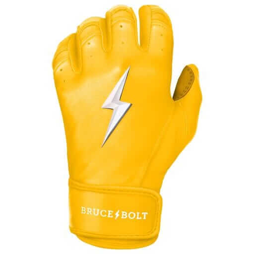 BRUCE BOLT Premium Pro Short Cuff Batting Gloves in yellow with lightning logo and soft leather palm for superior grip.
