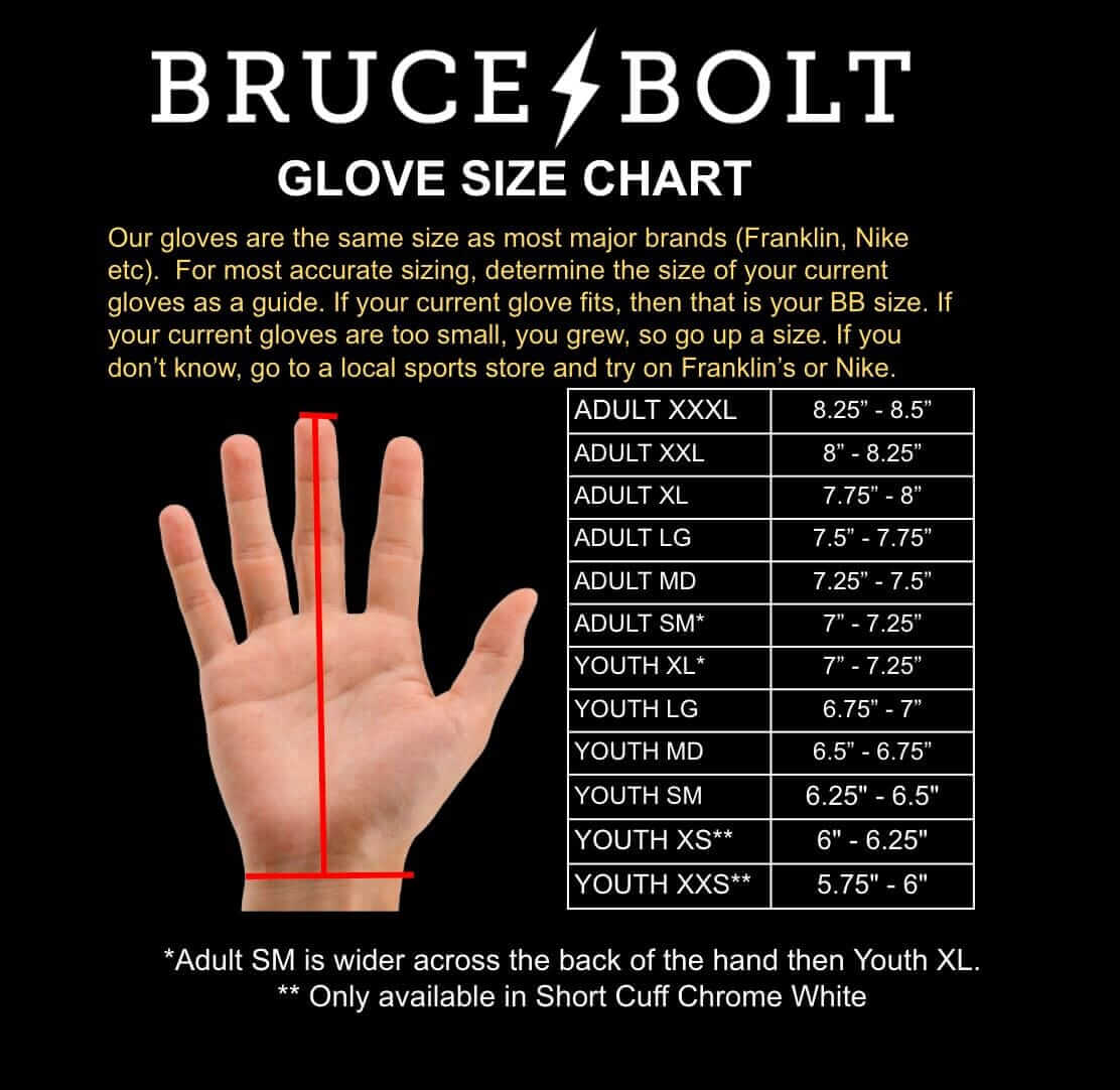Bruce Bolt glove size chart showing sizing for adult and youth gloves with hand measurement guide.