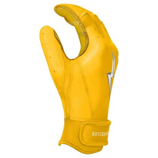Bruce Bolt Premium Pro Short Cuff Batting Gloves in yellow, featuring a durable Cabretta leather palm for exceptional grip.
