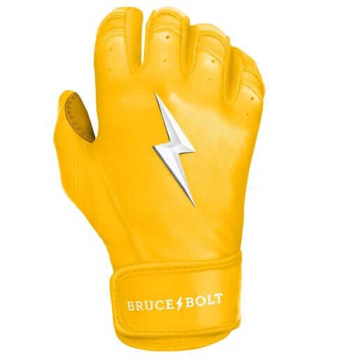 Bruce Bolt Premium Pro Short Cuff Batting Gloves in yellow, featuring a sleek design and soft Cabretta leather palm.