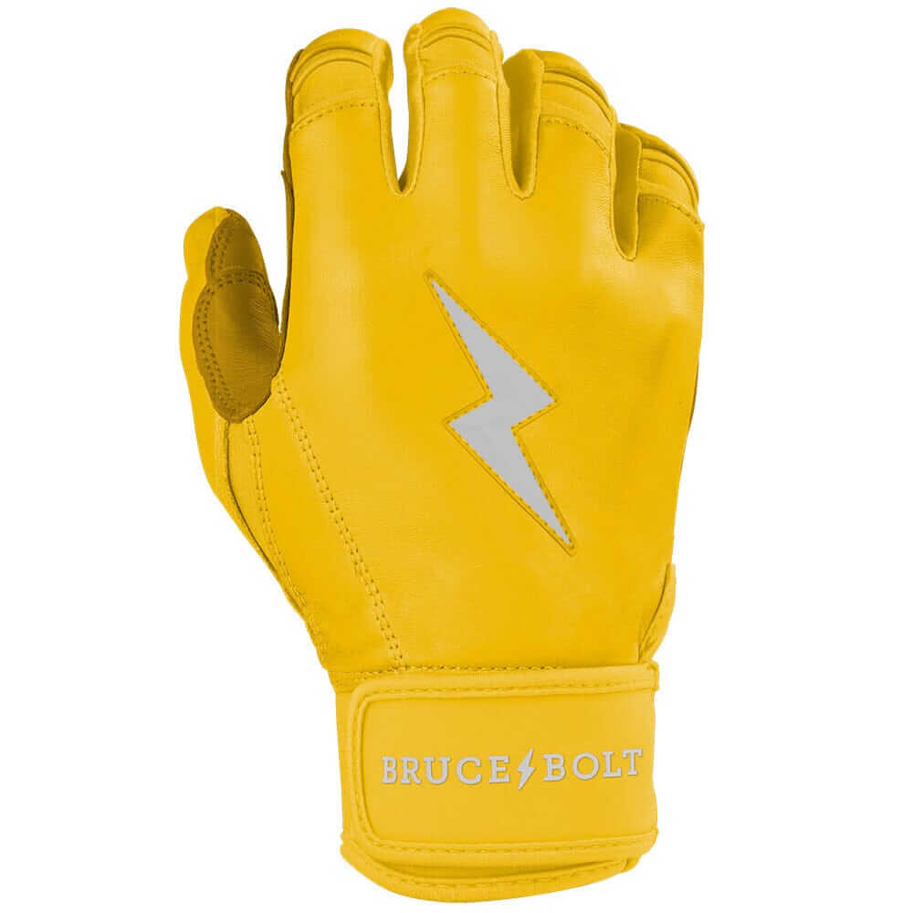 Bruce Bolt Premium Pro Short Cuff Batting Gloves - Yellow showing superior craftsmanship and durability