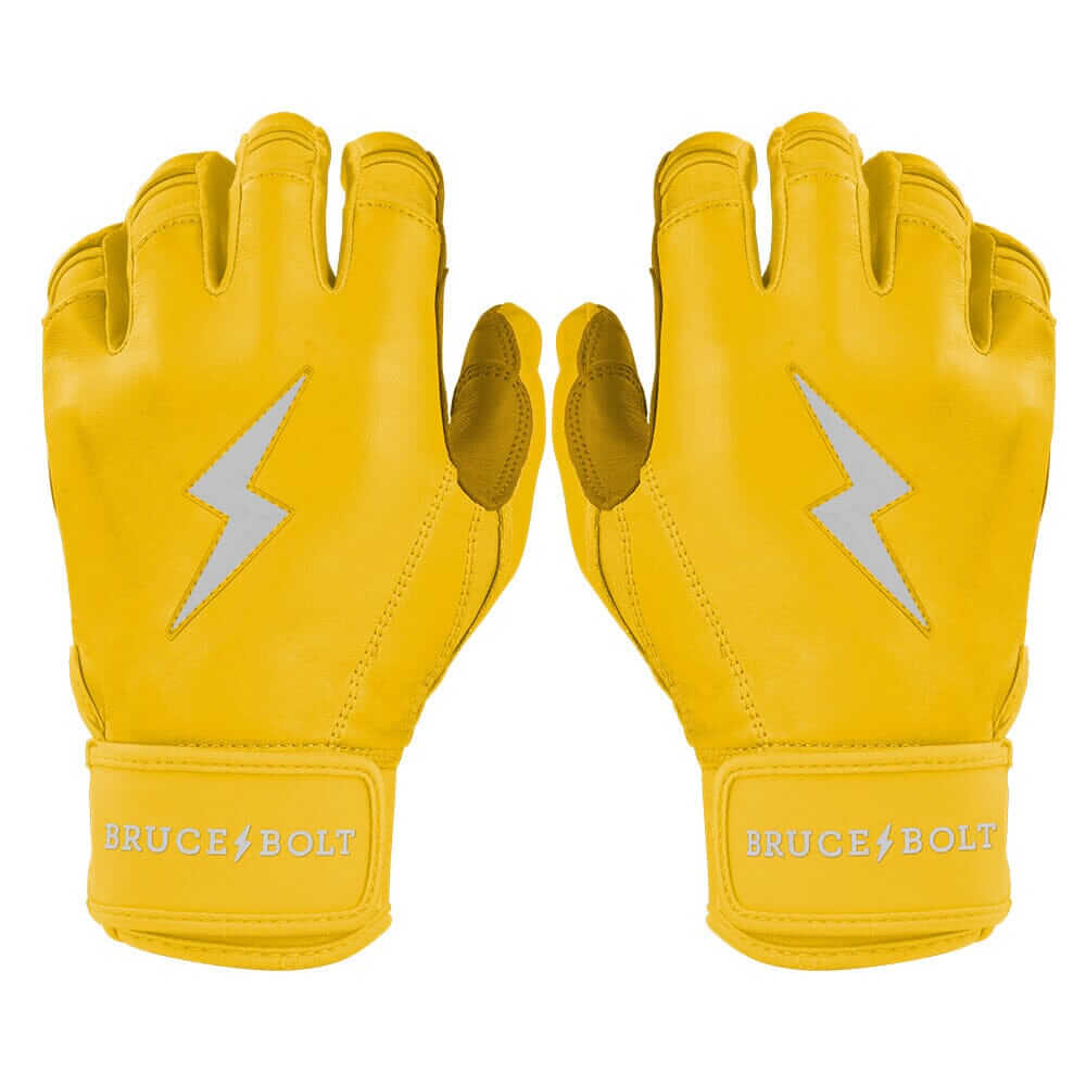 Bruce Bolt Youth Premium Pro Short Cuff Batting Gloves in vibrant yellow with lightning bolt design. Ideal for young ballplayers.