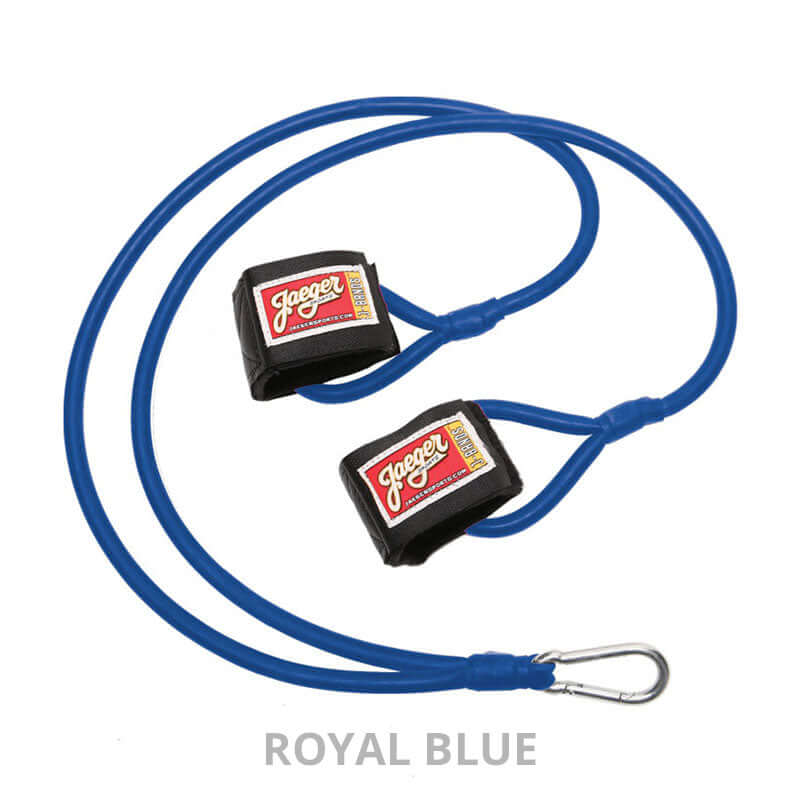 Jaeger Sports J-Bands in royal blue, designed for rotator cuff strengthening and injury prevention.