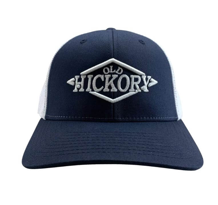 Old Hickory FlexFit Hat front view with navy blue crown and white mesh back