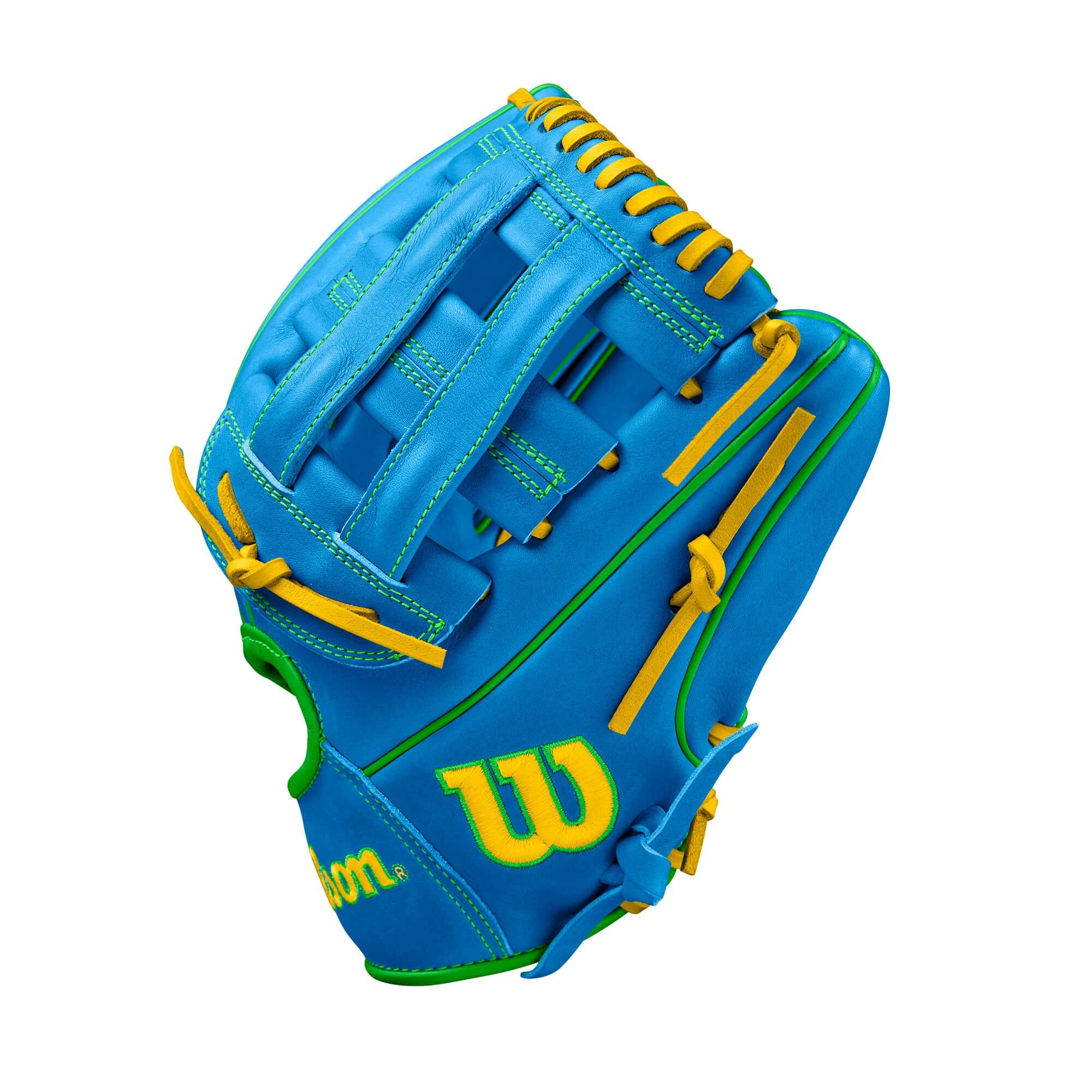 Wilson A2000 PP05 Sky Blue baseball glove 11.5" with yellow accents, ideal for players seeking durability and style.