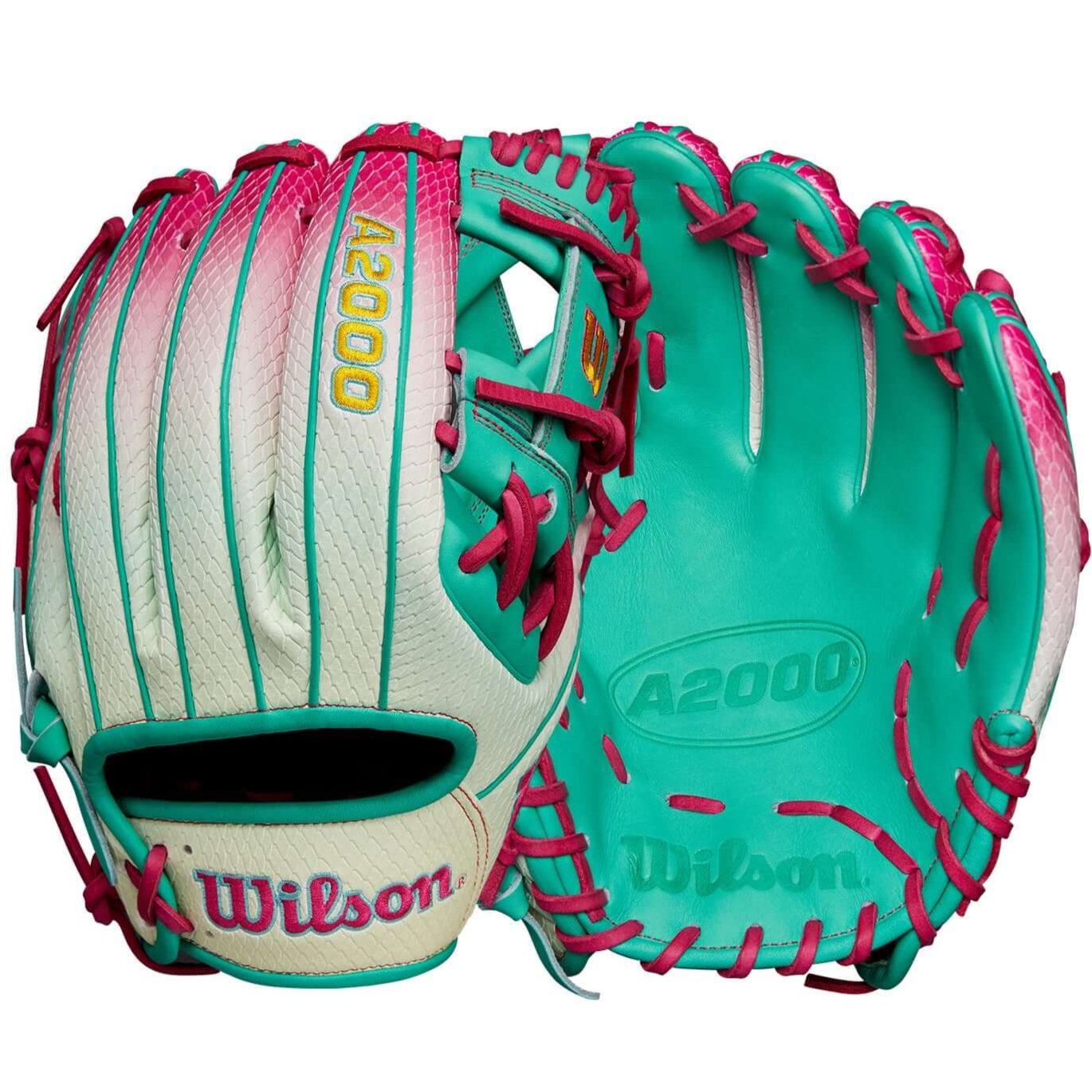 Wilson A2000 1975 GOTM September 2024 glove featuring Pink to Seafoam gradient and SuperSnakeSkin™ design.