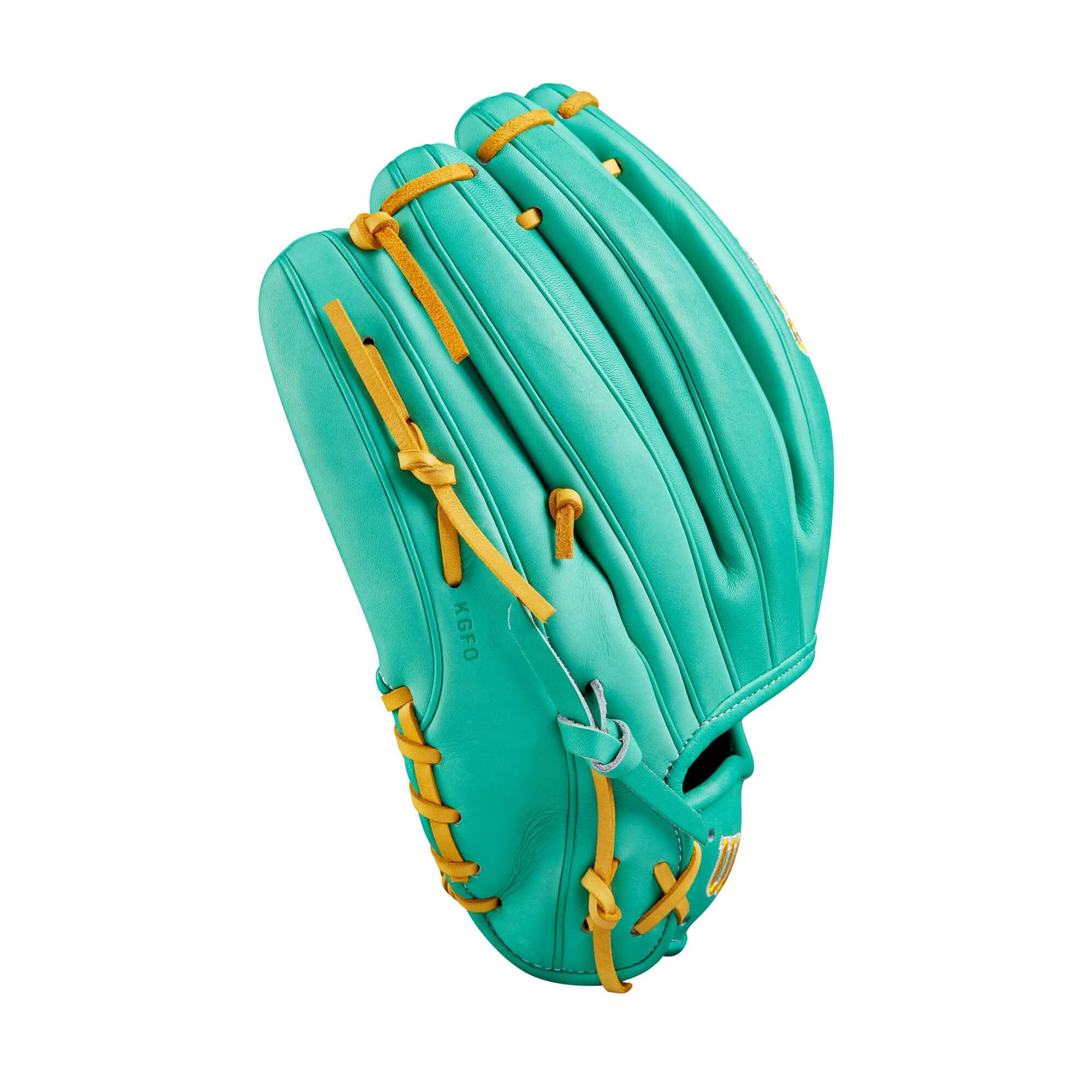 Wilson A2000 B23 12" pitcher’s baseball glove in teal with yellow accents, designed for a secure fit and confidence on the mound.