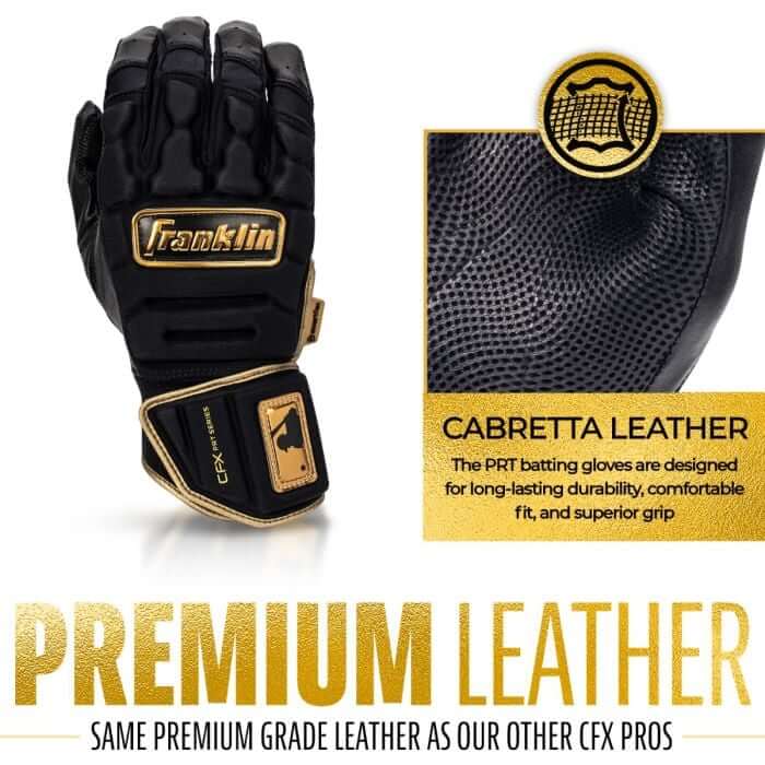 Franklin CFX Pro PRT Black/Gold Batting Gloves featuring premium Cabretta leather for durability and superior grip.