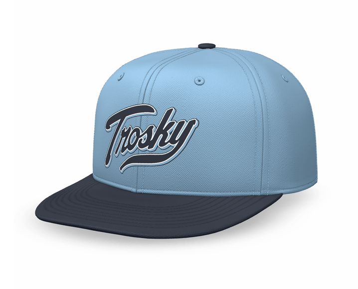Trosky Practice Hat 675 Combination Columbia Blue/Navy R-Flex Adj. side view showing logo.