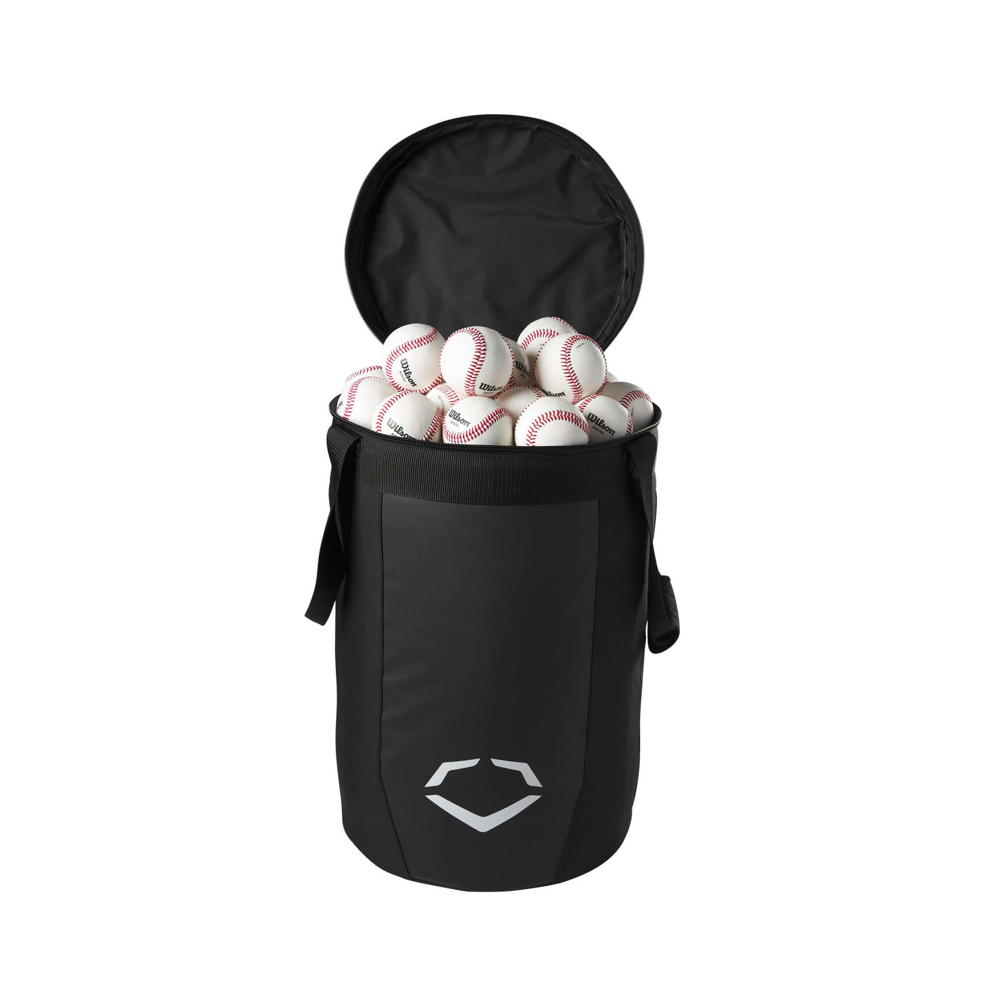 EvoShield Ball Bag in black, filled with baseballs, designed for easy transport during practice or games.