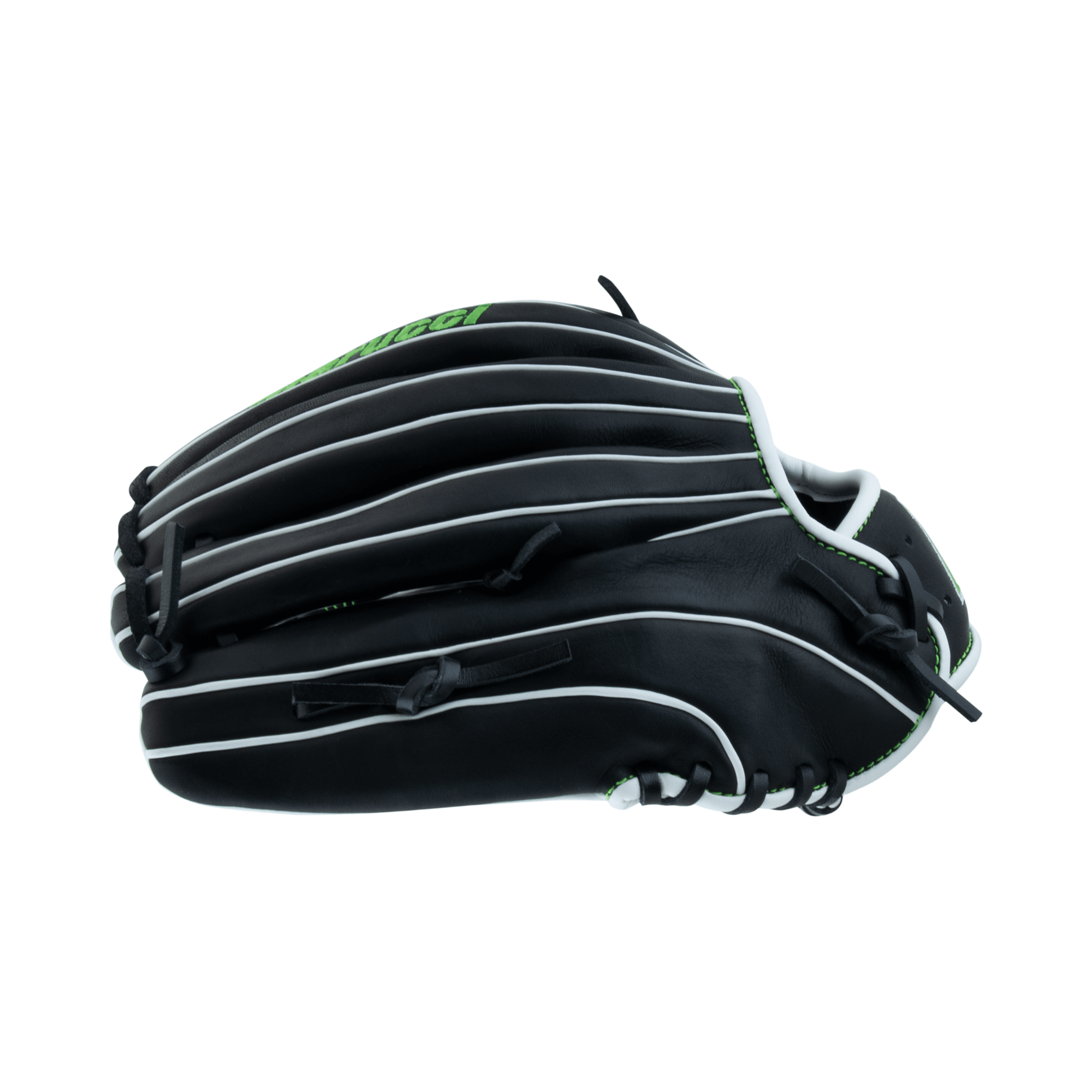 Marucci Krewe Series 45A3 12" H Web Mitt in black with green accents, showcasing durability and comfort features.
