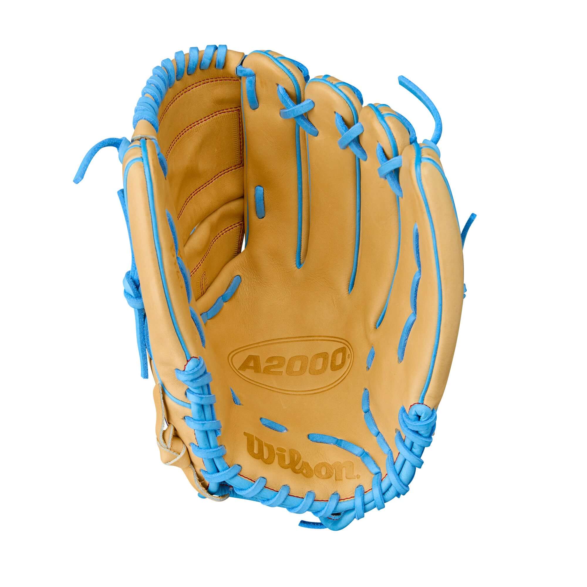 Wilson A2000 B125 Pitcher's Baseball Glove in blonde and sky blue, 12.5 inch, perfect for elite pitchers.