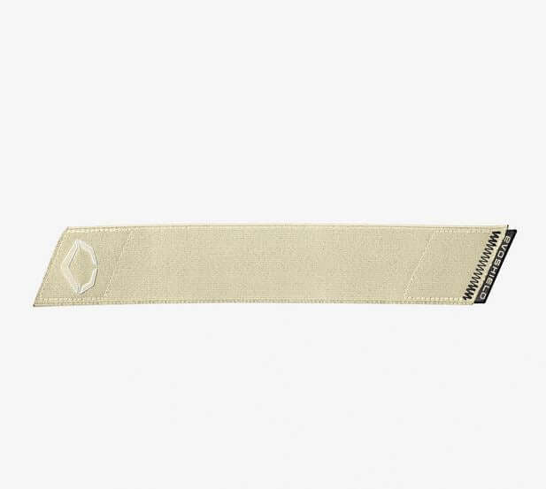 Side view of Evoshield Pro-SRZ 2.0 Strap in beige with iridescent pull tab and stitched logo detail.