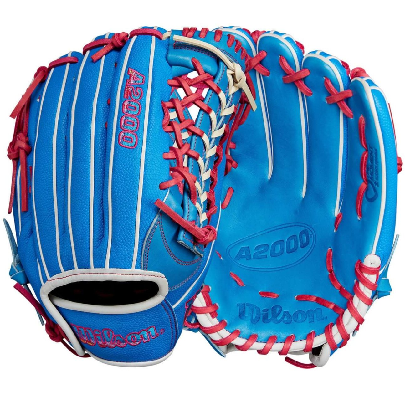 Wilson 2024 Autism Speaks A2000 PF92SS 12.25” LHT outfield baseball glove in blue and pink with Pro Stock leather.