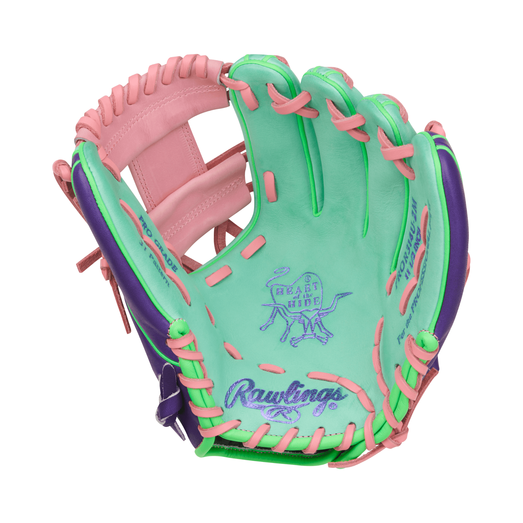 Palm view of Rawlings 11.5" Heart of the Hide glove with cowhide lining in vibrant Mint, Purple, and Pink colors