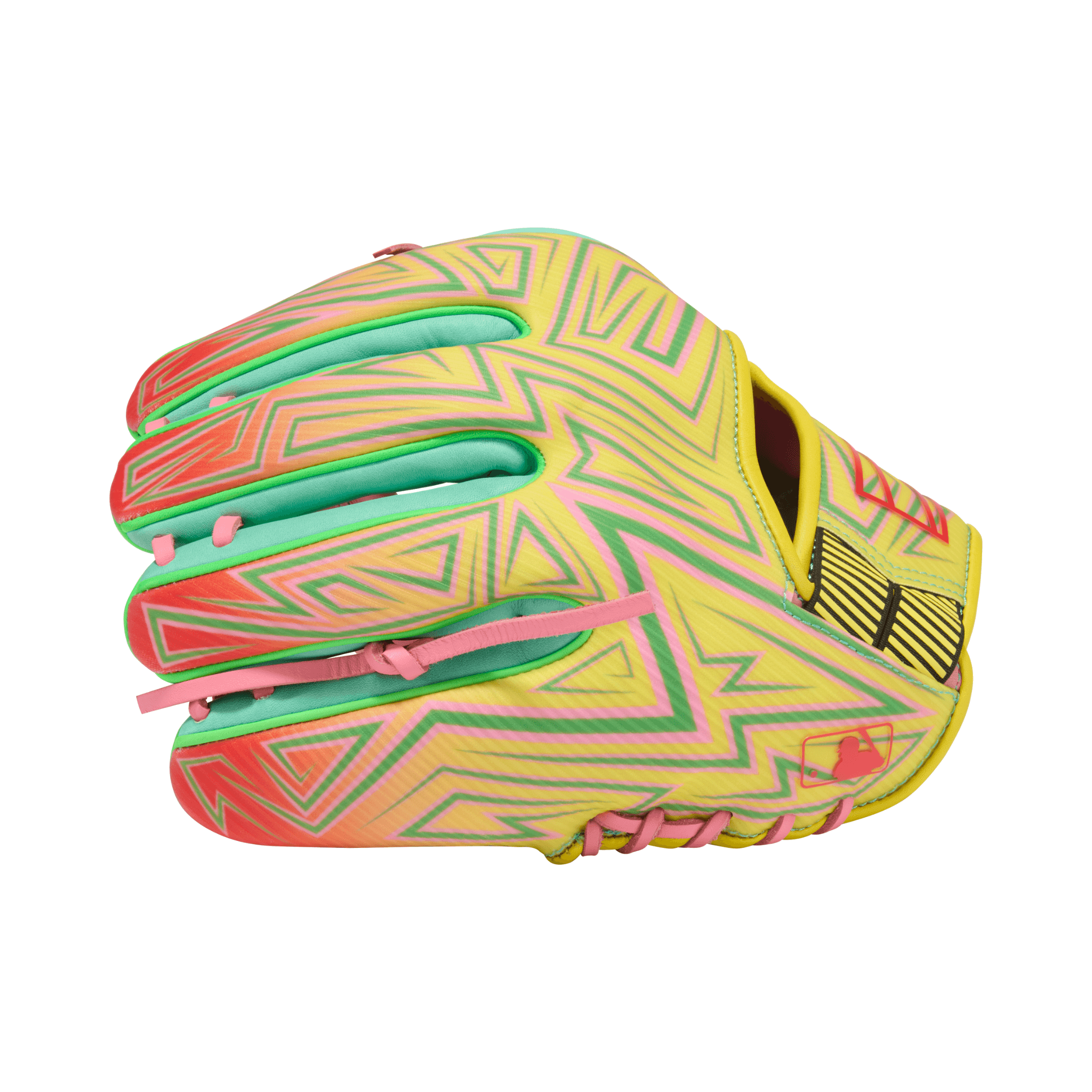 Right Side with Finger Detail of Rawlings REV1X Series Infield Baseball Glove 11.5 Inch - Pink and Yellow