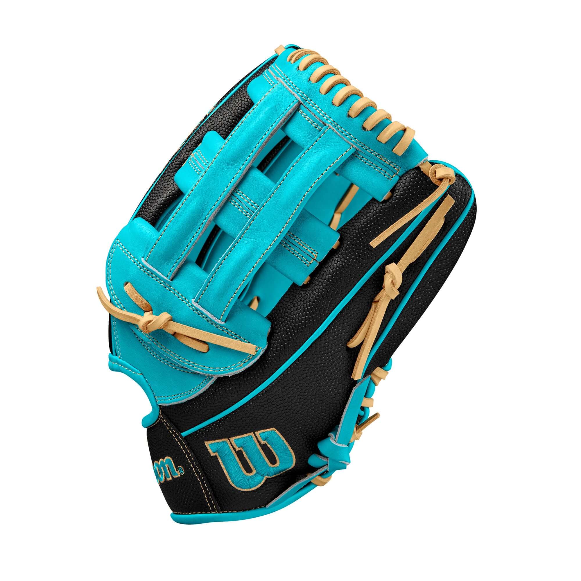 Wilson A2000 PF50SS outfield baseball glove in black and teal, featuring Pedroia Fit Technology for smaller hands.