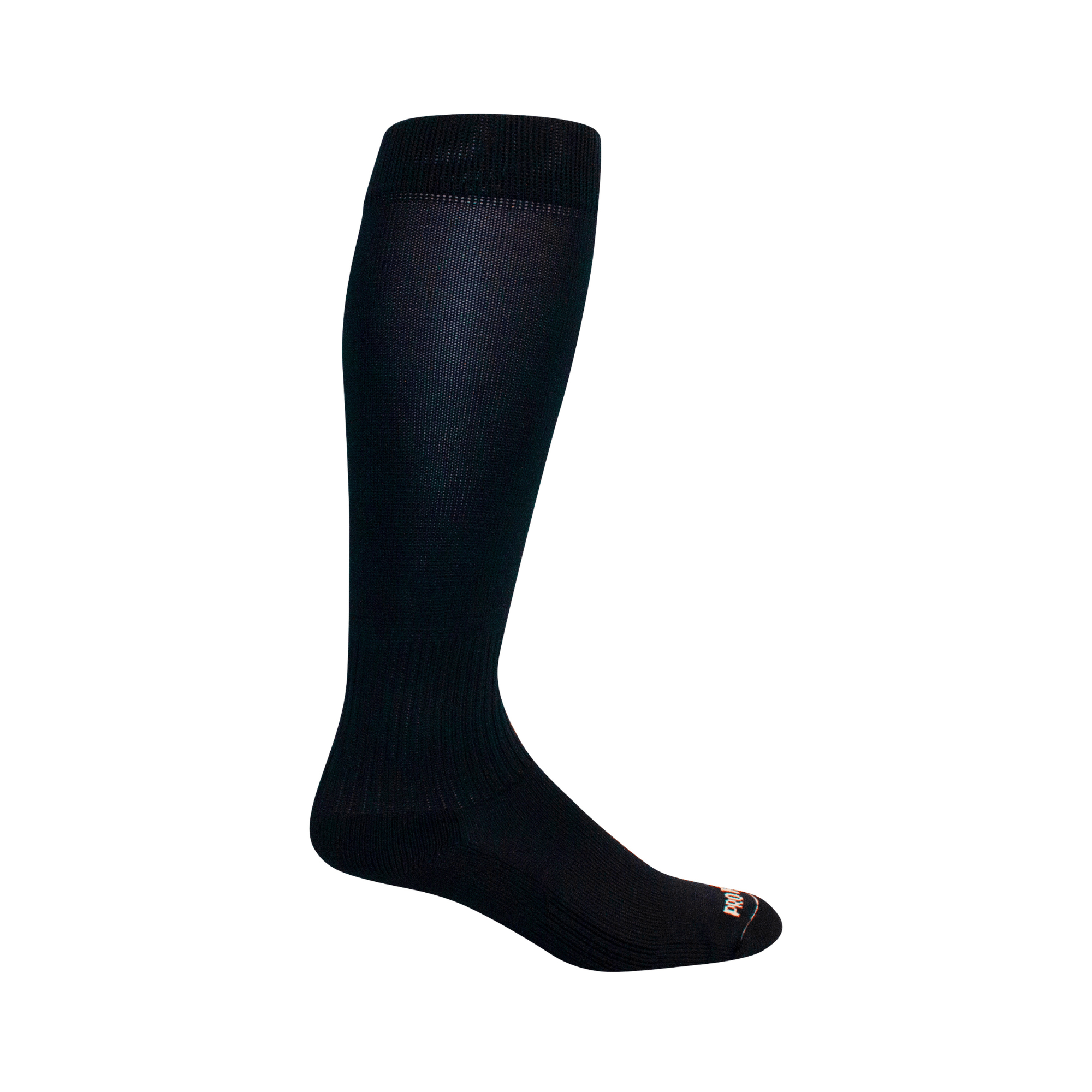 Side view of Pro Feet Performance Over-the-Calf 7-9 black sock showcasing double welt top and full cushion foot.