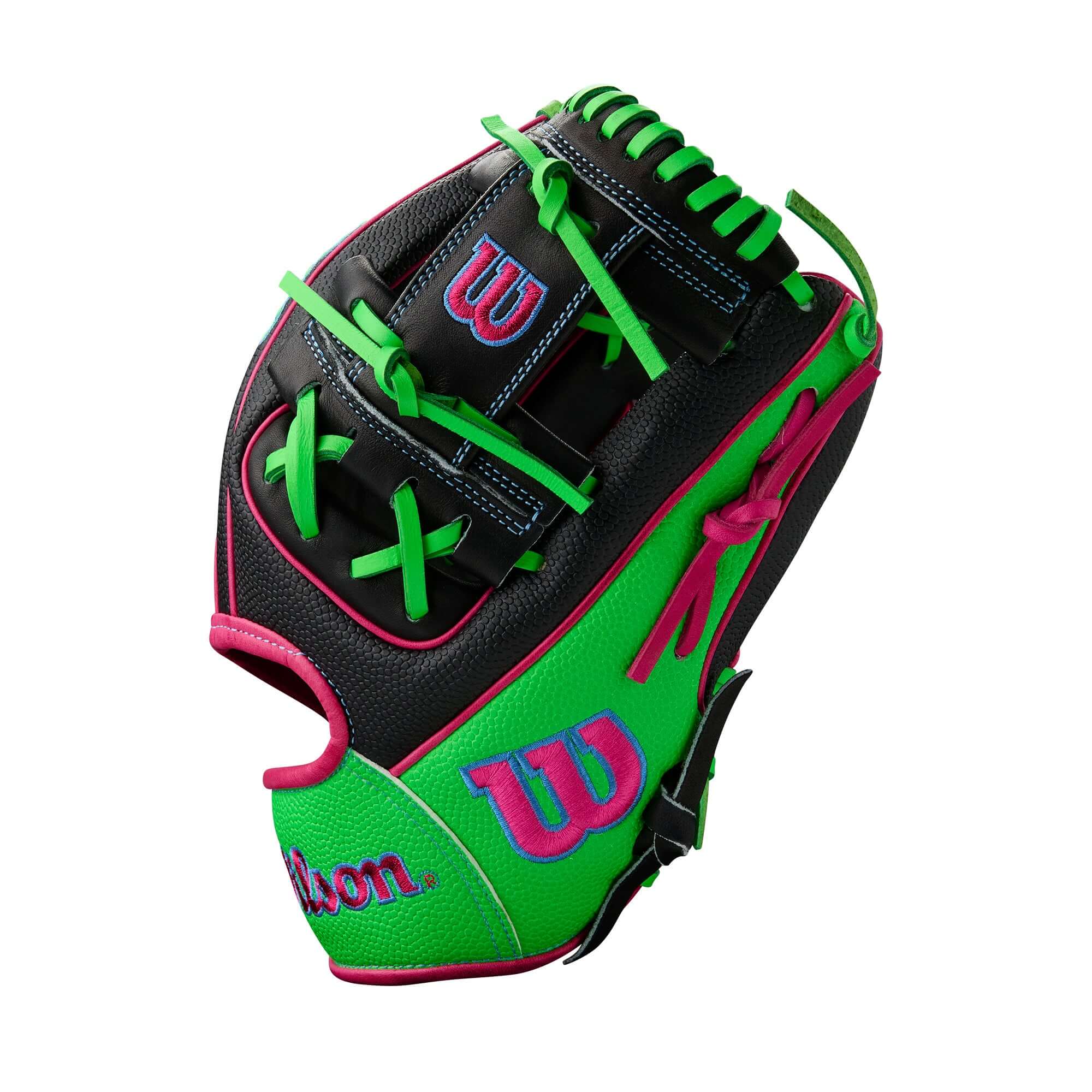 Wilson Summer 2025 A2000 1786 Infield Baseball Glove in Black, Neon Green, and Flamingo, 11.5 inches.